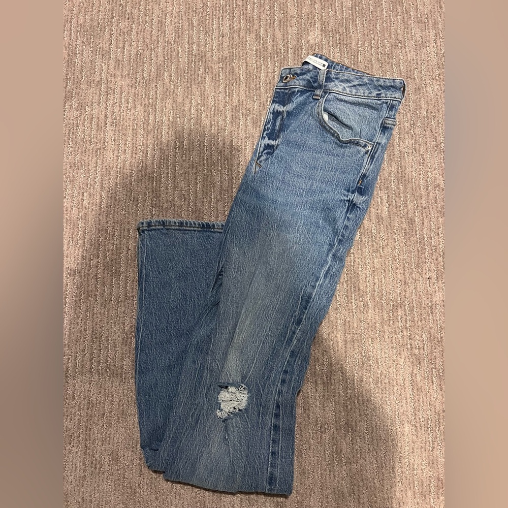 Zara Blue Flare Wide Leg Jeans Distressed Casual - Picture 3 of 4